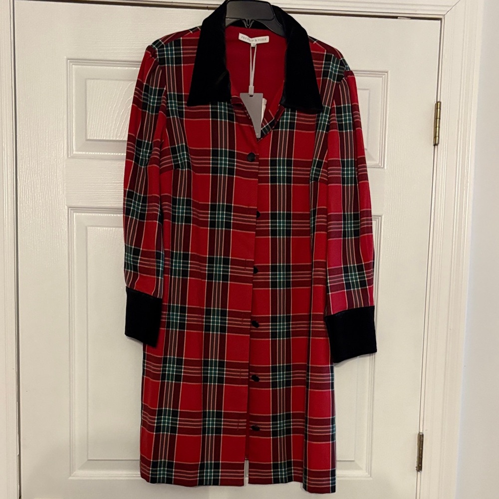 Preston & York Red Plaid Long Sleeve Shirt Dress with Black Trim